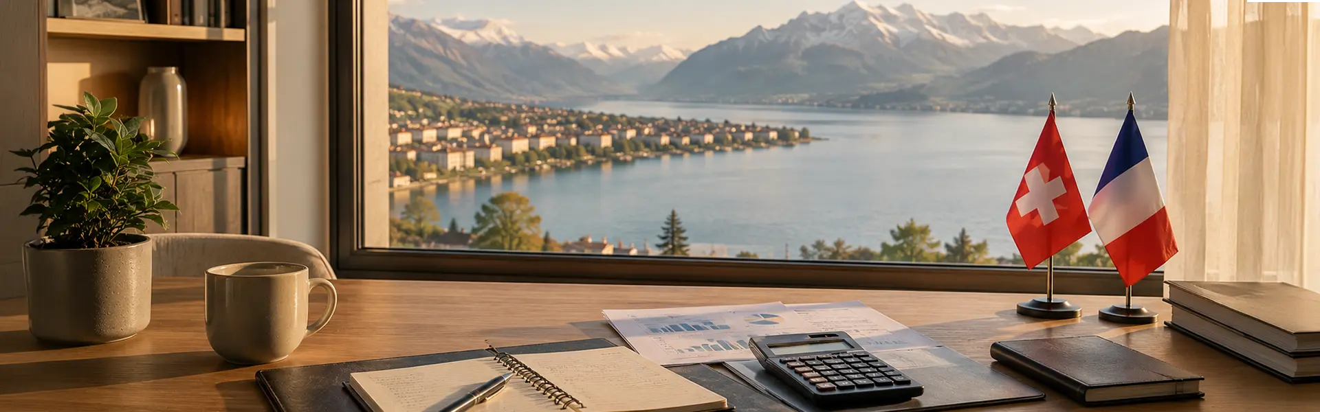 Un bureau de travail avec une calculatrice, des documents et les drapeaux suisse et français devant une grande fenêtre avec vue sur un lac et des montagnes.