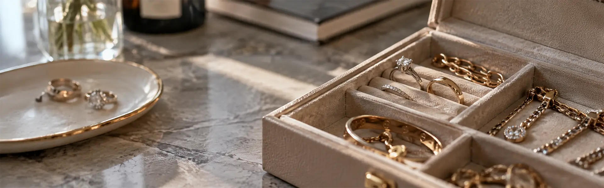 Écrin ouvert posé sur une table, contenant des bagues en or, un solitaire et des bracelets, illustrant les objets de valeur à déclarer à son assurance
